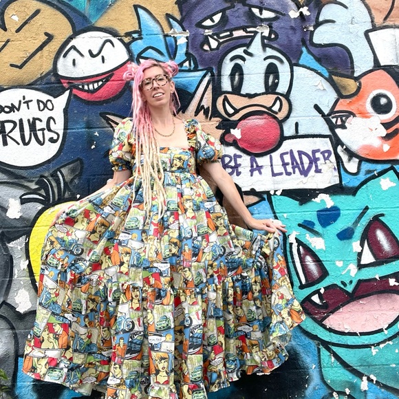 New York Couture One of a Kind Comicbook Print Puff Sleeve Maxi Dress - Picture 1 of 6